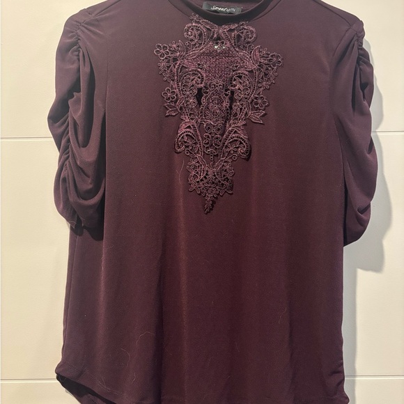 Sweet Rain Red and Purple Embellished Ruched Blouse - Picture 1 of 5